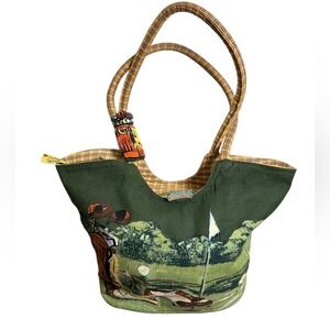 VTG 90s Anne Ormsby Surviving Stress Golf Tote Bag Green Canvas Wooden Charm USA